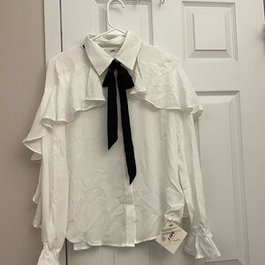 White Ruffled Blouse with Black Bow